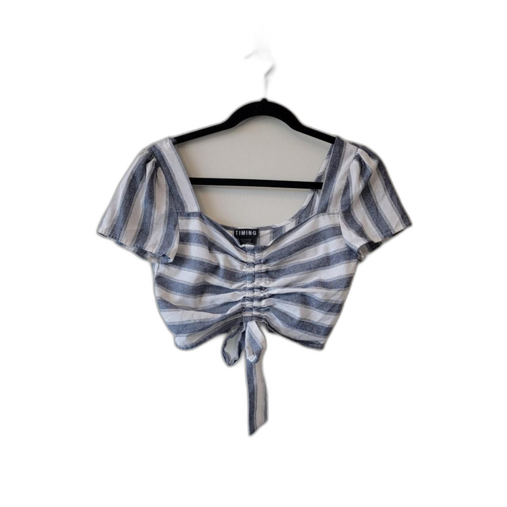 Striped Coastal Boho Ruched Tie Crop Top S